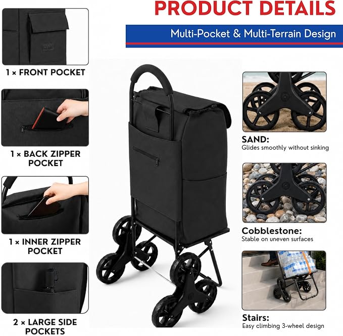 Shopping Cart, Super Loading Stair Climber 220 lbs Capacity, Grocery Foldable Trolley with Extra Large Shopping Bag Laundry Utility Cart with Adjustable Bungee Cord (Black)