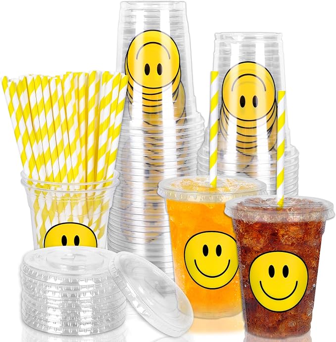 Whaline 50Pcs One Happy Dude Smile Face Disposable Plastic Cups with Lid and Straws 12oz Happy Face Party Cups Cold Beverage Drinking Cup for Fall Birthday Baby Shower Wedding Party Supplies