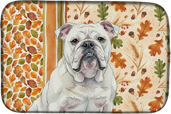 Caroline's Treasures White English Bulldog Heirloom Fall Dish Drying Mat Absorbent Dish Drying Mat Pad for Kitchen Counter Dish Drainer Mat for Countertop, 14 x 21", Multicolor