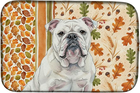 Caroline's Treasures White English Bulldog Heirloom Fall Dish Drying Mat Absorbent Dish Drying Mat Pad for Kitchen Counter Dish Drainer Mat for Countertop, 14 x 21", Multicolor