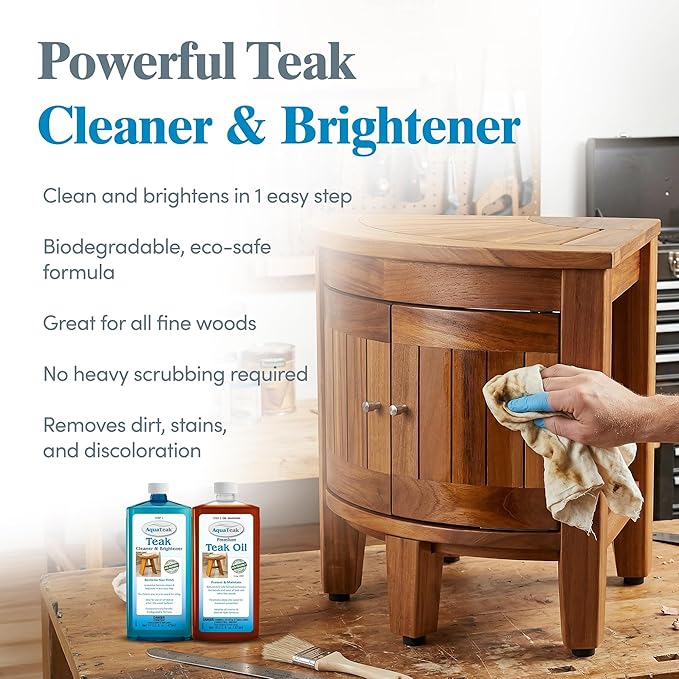AquaTeak Care Kit - Premium Teak Oil, Teak Wood Cleaner & Brightener, 16 oz Each - Cleans & Restores Outdoor & Indoor Furniture, Shower Stool & Decks - Removes Wood Stain & Maintains Natural Finish