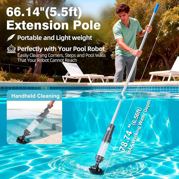 3 in 1 Cordless Spa Hot Tub Vacuum, Handheld Pool Vacuum for Small Above Ground Pool with 2 Brush Heads & 2 Filter Bags, 12 GPM Suction, 66.14" Pole, Rechargeable, 60min, One Click Activation