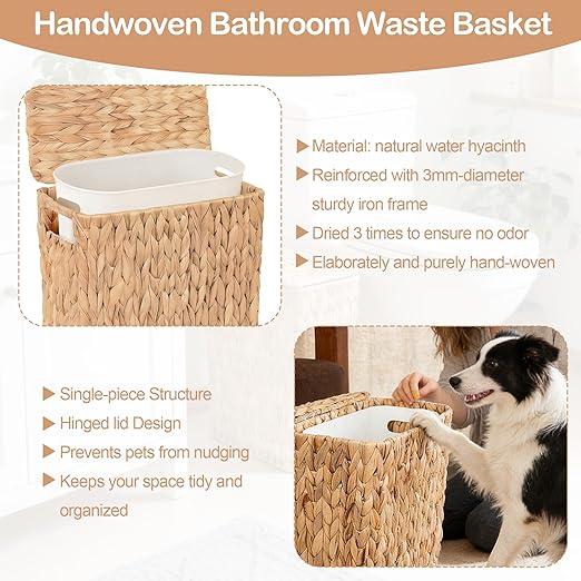 3 Gallon Wicker Trash Can with Lid and Removable Liner, Natural Water Hyacinth Handwoven Bathroom Waste Basket with Brush for Bedroom,Toilet, Living Room, Under Sink, Kitchen (with Brush)