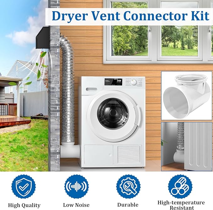 4 inch Dryer Vent Cover, Dryer Vent Connector Kit, 90 Degree Dryer Vent Elbow, Dryer Vent Wall Plate with Hose(4 inch 5FT) Indoor Dryer Vent Duct Adapter, Dryer Vent Hose for Tight Space