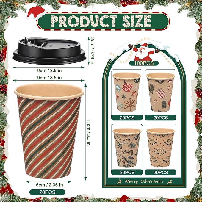 FoldTier 100 Pcs 12 oz Christmas Paper Cups with Lids Xmas Disposable Coffee Cups Holiday Kraft Paper Drinking Xmas Party Drinkware Supplies for Holiday Cocoa Beverage Cold Hot Drinks(Classic 2)