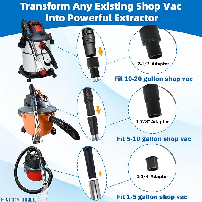 Happy Tree Universal Fit All Existing Shop Vacs with 2-1/2" &1-7/8" &1-1/4" Adapter Wet Extraction Accessory for Upholstery & Carpet Cleaning & Auto Detailing Shop Vac Extractor Attachment Hose Kit