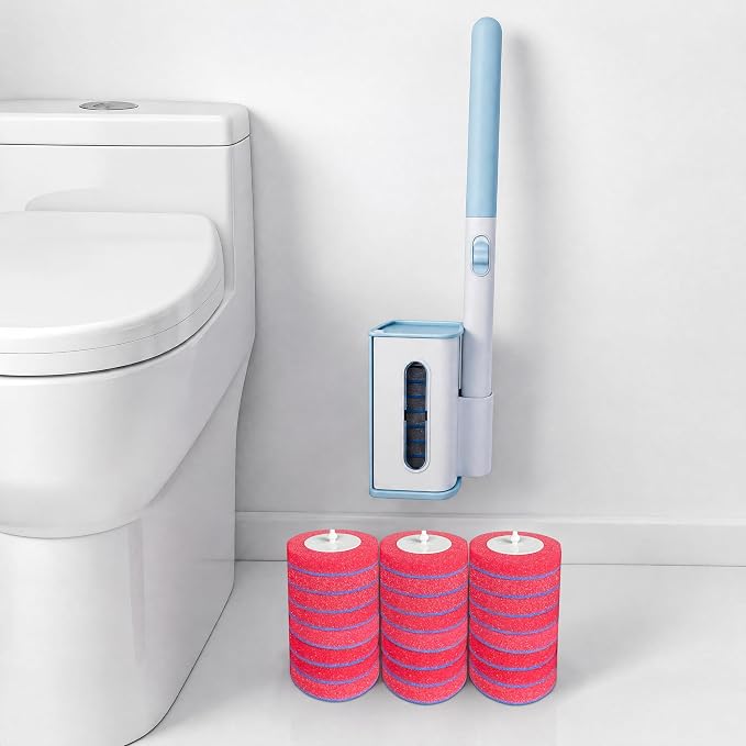 Disposable Toilet Brush with Wall Mounted Holder, 24 Toilet Wand Refills | Hands Free Toilet Brush with One-Button Release, Bathroom Cleaning Set for RV & Small Bathroom, Light Rose Scent