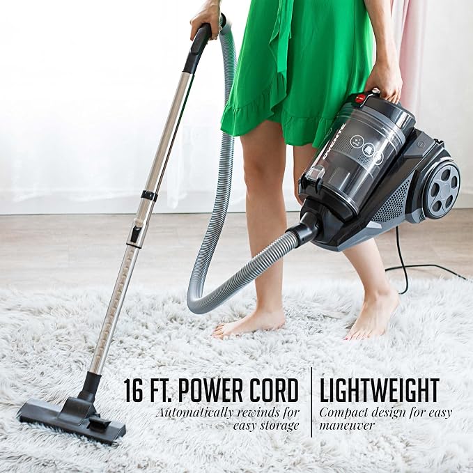 OVENTE Bagless Canister Vacuum Cleaner with 3L Dust Cup, Powerful Suction, Telescoping Wand, Retractable Cord and Accessories, 1400W Lightweight Cleaning Machine for Carpet & Hard Floor, Black ST2620B