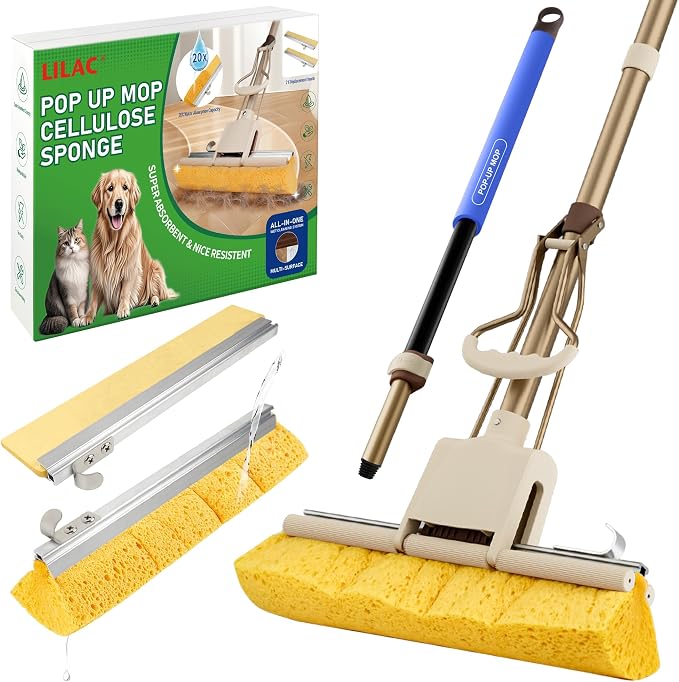 LILAC Cellulose Sponge mop with 2 Replacement Sponge Heads, 4-Color Handle Choices for Zoned Cleaning, Super Absorbent Pop Up Roller Mop Sponge for Hardwood,Laminate Floors (Blue Hand)