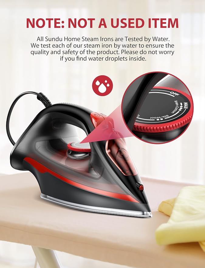 Sundu Steam Iron for Clothes with Rapid Heating Ceramic Coated Soleplate, 1500W with Precise Thermostat Dial, Self-Cleaning, Auto-Off, 15.21oz Water Tank for Home Clothes Ironing Use, Red