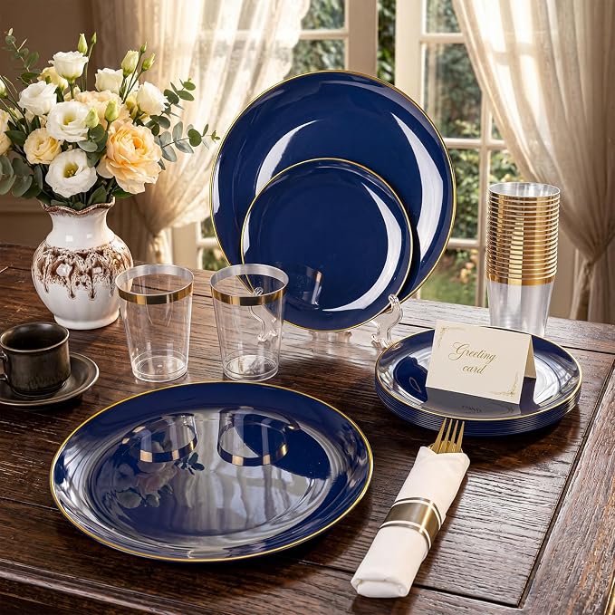 KIRE 350Pcs Blue and Gold Plates -Heavy Duty Navy Blue Dinnerware Set - 100 Plastic Plates 50 Pre Rolled Napkins with Gold Plastic Silverware 50 Cups for Party/4th of July/Wedding