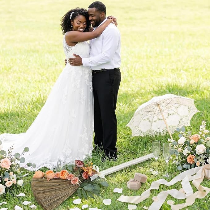 Wedding Broom for Jumping Ceremony DIY Bride Bridegroom Jump Broom Wedding Brooms with Ribbons Eucalyptus Leaves Roses for Wedding Ceremony Craft(Orange)