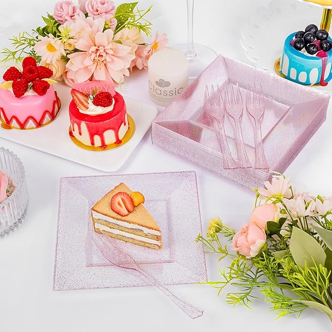 DaYammi 100Pcs Pink Dessert Plates with Forks Including 50Pcs Appetizer Plates,50Pcs Plastic Forks,Glitter Square Plate pink Disposable plates for Wedding,Plastic Cake Plate for Party Bridal Shower
