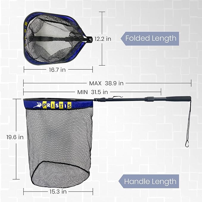 Pristis Floating Lightweight Fishing Net with Telescopic Pole Handle, 20'' Deep Net, Rubber Coat Landing Net Freshwater Saltwater, 39'' Foldable Extendable Dip, Boat Kayak for Catch Release