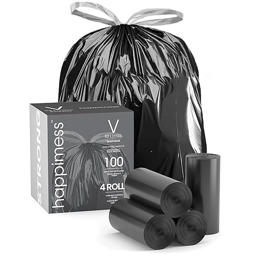 happimess HPM3000V-BLACK 100-Count 30 Gallon Drawstring Unscented Trash Can Liner for Business Home Kitchen Commercial and Industrial Black (4-Rolls of 25 Liners)