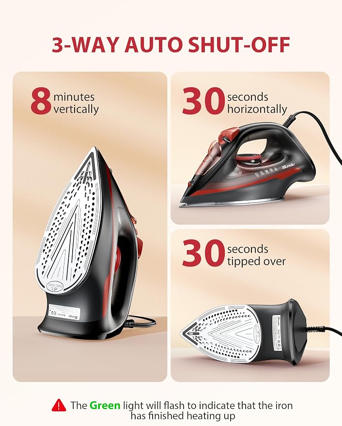 Sundu Steam Iron for Clothes with Rapid Heating Ceramic Coated Soleplate, 1500W with Precise Thermostat Dial, Self-Cleaning, Auto-Off, 15.21oz Water Tank for Home Clothes Ironing Use, Red