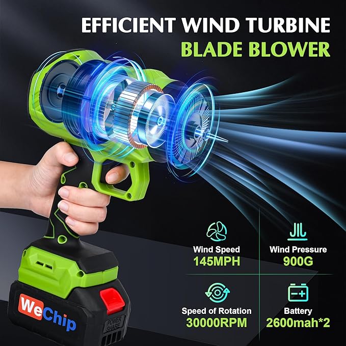Wechip Leaf Blower Cordless - 3 Air Tubes for Adjustment,Upgrade 900G Air Pressure/145mph Wind Speed /2 Replacement Batteries,Handheld Blower Patio Cleaning Yard & Car Dust with Storage Box(Virid)