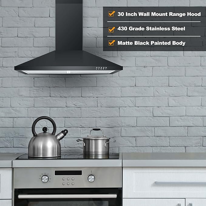 SNDOAS Black Range Hood,Wall Mount Range Hood 30 inch,Stainless Steel Kitchen Hood with Ducted/Ductless Convertible,Stove Vent Hood,Aluminum Filters,3 Speed Exhaust Fan,LED Light,Button Control