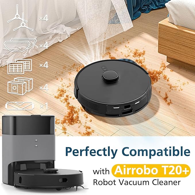 T20+ Accessories Replacement Parts for Airrobo T20+ /T25+/T30+/T25+C and for FIXR T20 Robotic Vacuum Cleaner, 1 Roller Brush, 4 Mop Pads, 4 Hepa Filters, 4 Dust Bags, 4 Side Brushes, 17 Pack