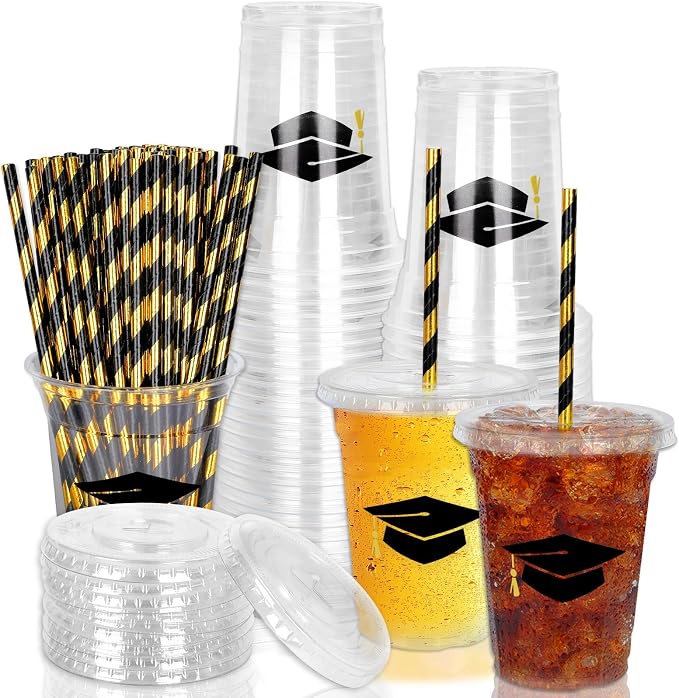 Whaline 50Pcs 12Oz Graduation Disposable Plastic Cups with Lids and Straws Black Graduation Cap Cold Beverage Drinking Cups for Congrats Grad Party Supplies