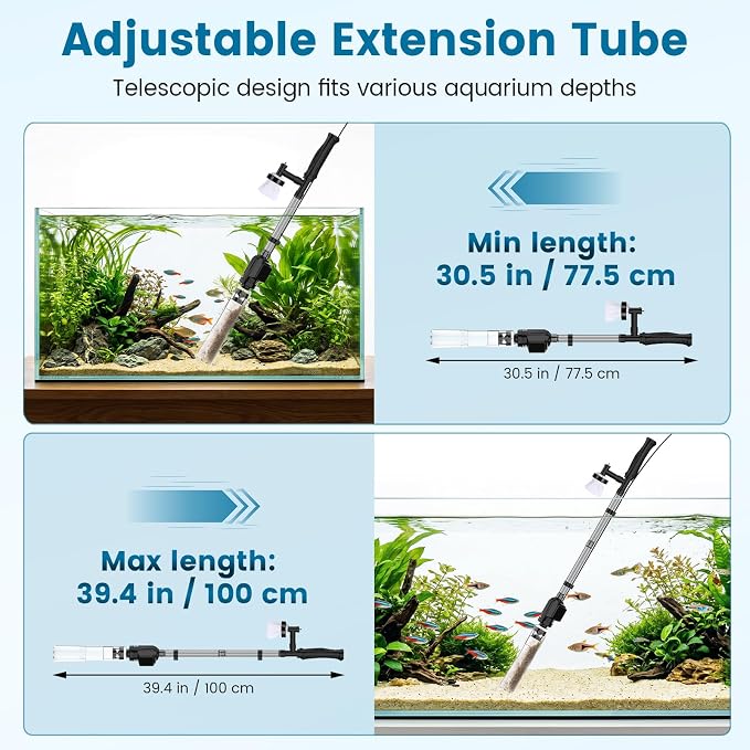 AQQA Electric Aquarium Gravel Cleaner, 6-in-1 Fish Tank Vacuum with Anti-Clog Gravel Barrier, Sand Washer, Water Changer, Filter Bag, Adjustable Flow & Water Circulation, 211GPH for 15+ Gallon Tanks