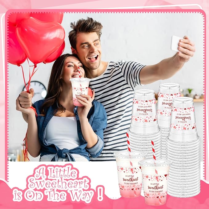 Qinyoung 50 Sets Valentine Heart Baby Shower Cups 16 oz Sweetheart Baby Shower Favors Red Heart Cups with Lid and Straw Disposable A Little Sweetheart Is on The Way Supplies for Birthday