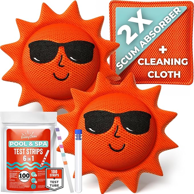BubbyShine Hot Tub Scum Absorber 2 Pack + 100 Pack 6in1 Test Strips