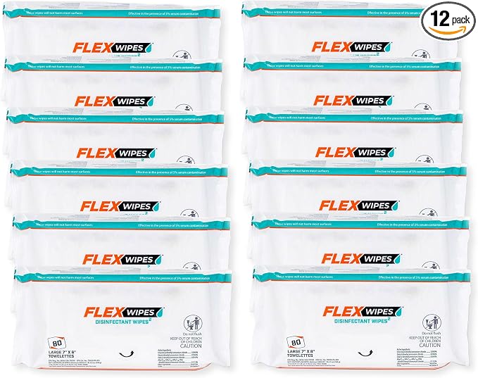 Flex Wipes 36080 Pack of 12 Disinfectant Wipes, Large 7" x 8" Wipes, 80 Wipes per Pack, Dispenses One at a Time