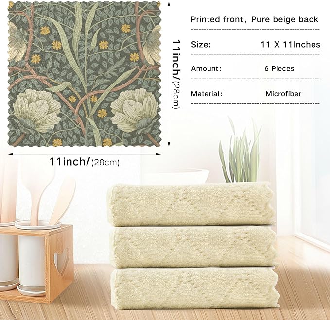 ALAZA Dish Towels William Morris Dish Cloths Super Absorbent Kitchen Towels Lint Free Bar Tea Soft Towel Kitchen Accessories Set of 6, 11"x11"