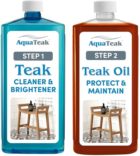 AquaTeak Care Kit - Premium Teak Oil, Teak Wood Cleaner & Brightener, 16 oz Each - Cleans & Restores Outdoor & Indoor Furniture, Shower Stool & Decks - Removes Wood Stain & Maintains Natural Finish