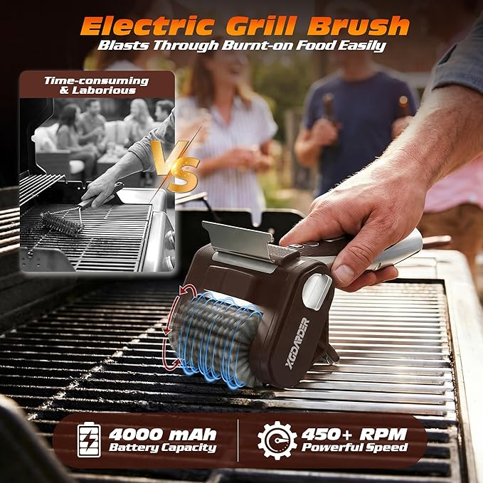 Electric Grill Brush for Outdoor Grill, Rechargeable BBQ Grill Cleaner Stainless Steel Brush with 450RPM Stainless Roller,LED Light, Scraper,Grilling Gifts for Men/Dad