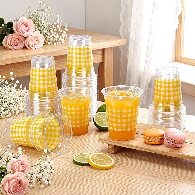 Qinyoung Checkered Plastic Cups 12oz Gingham Party Disposable Cups Bulk Drinking Cup for Cold Drinks Baby Shower Wedding Summer Birthday Party Supplies(Yellow and White,50 Pcs)