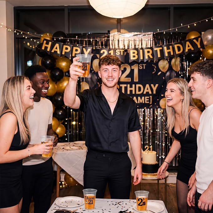 Jingmore 50 Pcs Birthday Plastic Cups 12 oz Birthday Disposable Plastic Cups Thick Clear Drinkware for Men Women Celebrate Party Supplies(21st)