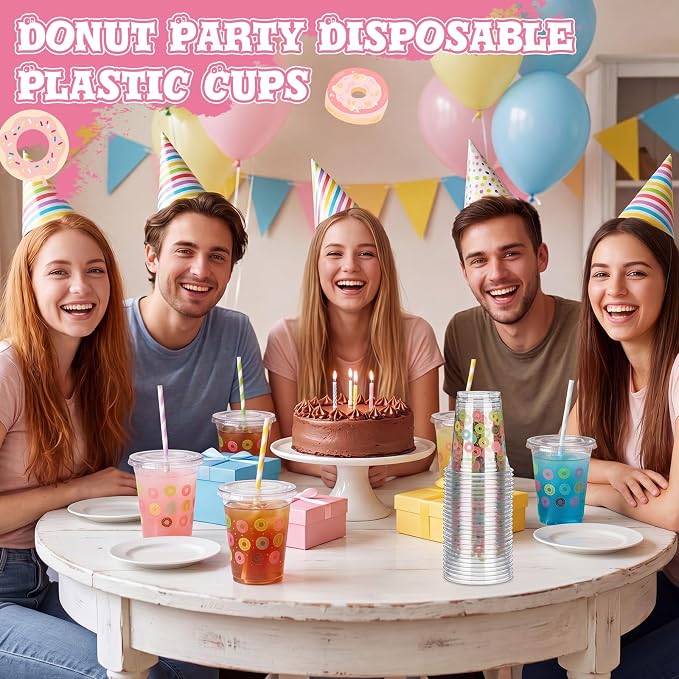 Domensi 25 Sets Donut Themed Plastic Cups with Lids and Paper Straws 12oz Colorful Disposable Drinking Cups Bulk for Cold Drinks Baby Shower Wedding Picnic Summer Theme Birthday Party Supplies