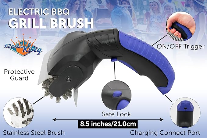 Flame King Electric BBQ Grill Brush Cordless and Rechargeable Stainless Steel Bristles,Black
