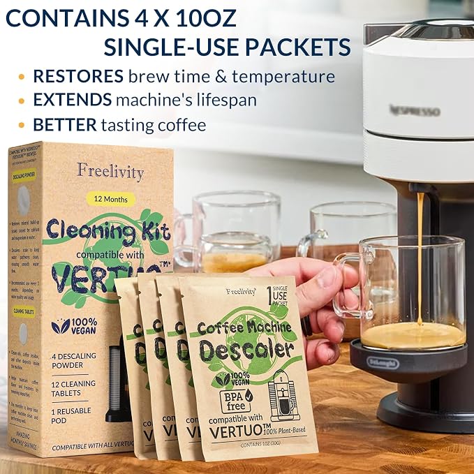 Nespresso Compatible Vertuo Cleaning & Descaling Kit – 12 Month Supply - Includes 4 Descaling Powder Solution, 12 Cleaning Tablets, 1 Reusable Pod, Eco-Friendly Vertuoline Maintenance Kit