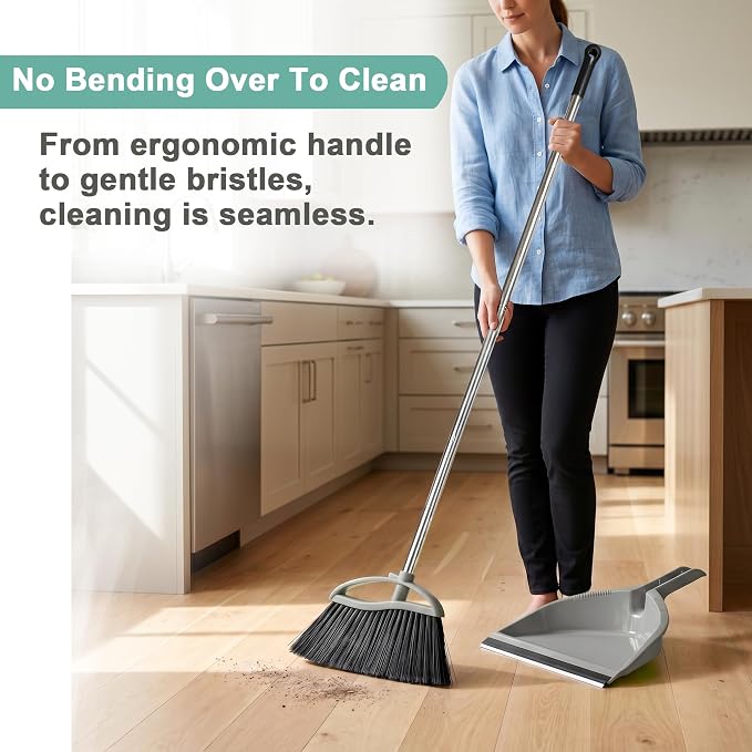 Soft Bristle Broom and Dustpan Combo Set, Long Handle Indoor Broom with Dustpan Set for Kitchen Hardwood Room Office and All Household Floor Cleaning (Gray)