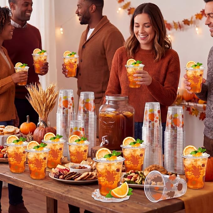 Uiifan 45 Pcs Fall Pumpkin Cups Bulk 16oz Fall Party Supplies Thanksgiving Disposable Plastic Drinking Cups Pumpkin Maple Leaf Decoration for Autumn Harvest Wedding Party Supplies