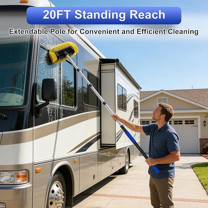 18FT Reach Car Wash Brush with Long Handle, 3 to 12 FT Car Cleaning Brush with Soft Bristle, Aluminium Telescoping Pole for Solar Panel, House Siding, SUV, Cars, Trucks, RV, Floors, Navy