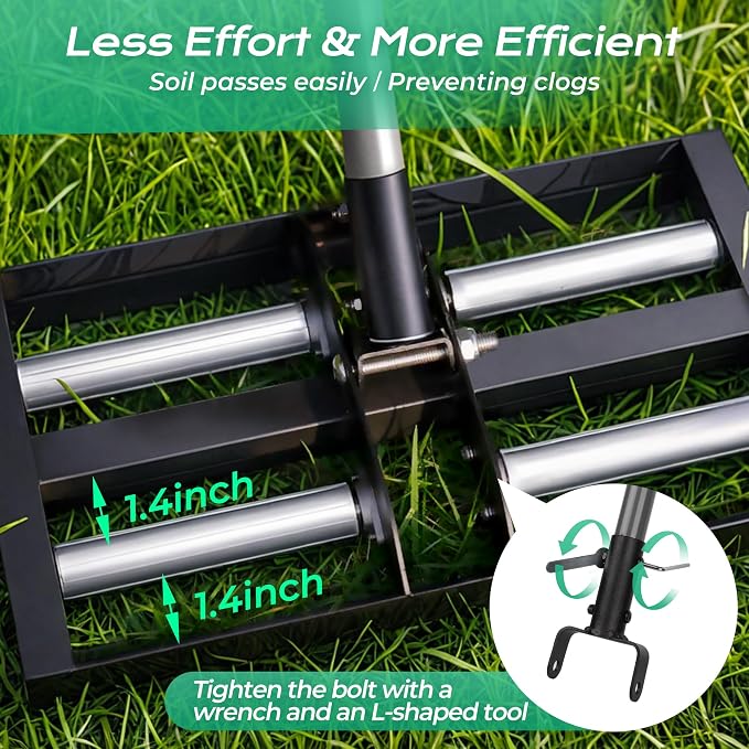 Suchtale Lawn Leveling Rake with Aluminum Rollers, 17"x10" Levelawn Tool, Heavy-Duty Stainless Steel Lawn Leveler with 61" Adjustable Long Handle, Lawn Leveler for Smooth Soil,Garden,Golf Course,Farm