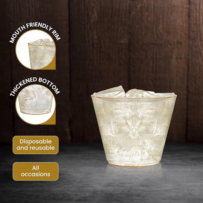 R-kay 9 oz Gold Glitter Plastic Cups For Party - 100 Pack Gold Plastic Cups - Hard Disposable Cups - Premium Heavy Duty Gold Cups - Disposable Cocktail Glasses - Party Cups