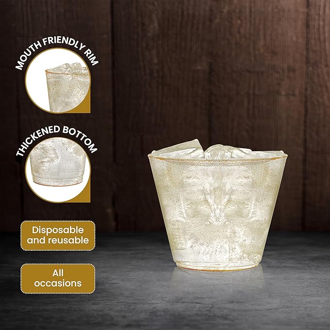R-kay 200 Pack 9 oz Gold Glitter Plastic Cups For Party - Gold Plastic Cups - Hard Disposable Cups - Premium Heavy Duty Gold Cups - Disposable Cocktail Glasses - Party Cups