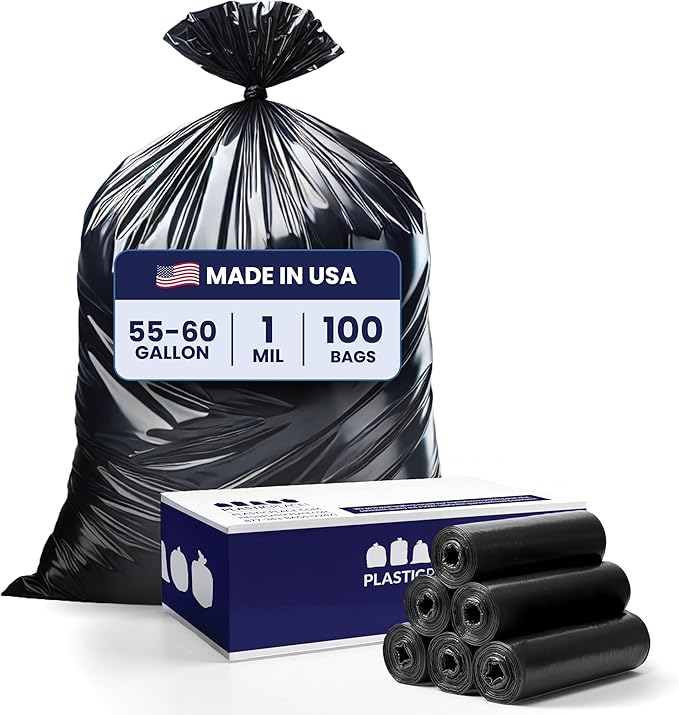 Plasticplace 55-60 Gallon Trash Bags │ 1.0 Mil │ Black Heavy Duty Garbage Can Liners │ 38” x 58” (100 Count)