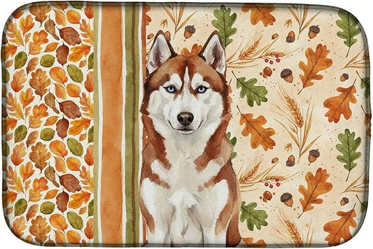 Caroline's Treasures Red and White Siberian Husky Heirloom Fall Dish Drying Mat Absorbent Dish Drying Mat Pad for Kitchen Counter Dish Drainer Mat for Countertop, 14 x 21", Multicolor