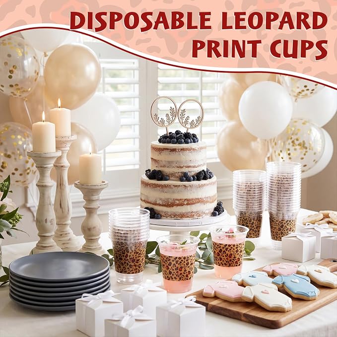 Qinyoung 50 Pcs Red Leopard Print Plastic Cups Cheetah Animal 12oz Disposable Cups Bulk Drinking Cup for Cold Drinks Baby Shower Wedding Birthday Animal Cheetah Print Party Supplies
