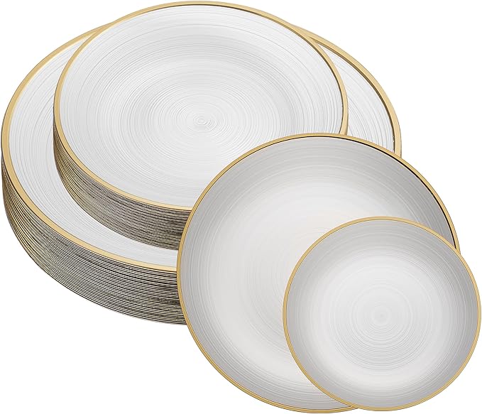 PLASTICPRO 32 Pieces Crystal Design Plastic Plates Combo Pack 7 inch and 10 inch Gold Rim Elegant Disposable Plates, Pearl White