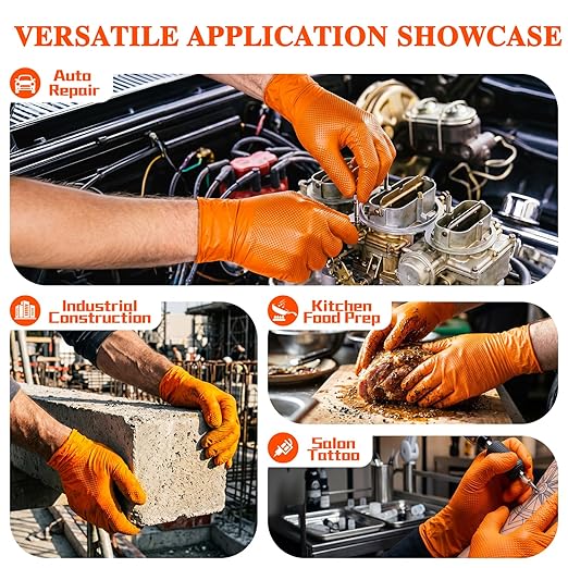 ANBOSON 10mil Nitrile-Gloves Disposable-Orange Chemical-Resistant Rubber - Mechanic Gloves Heavy Duty, Latex Free, Diamond Grip (100, X-Large)