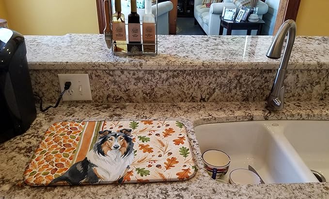 Caroline's Treasures Tricolor Collie Heirloom Fall Dish Drying Mat Absorbent Dish Drying Mat Pad for Kitchen Counter Dish Drainer Mat for Countertop, 14 x 21", Multicolor