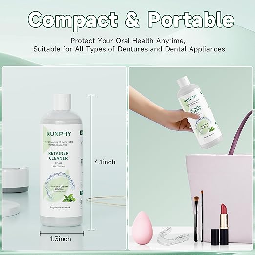 KUNPHY Ultrasonic Retainer Cleaner Solution Concentrate-Professional Cleaning of Retainers, Denture, Invisible Aligners, Mouth Guards, Night Guards, Remove Odors, Discoloration & Stains 1.8 oz(Mint)