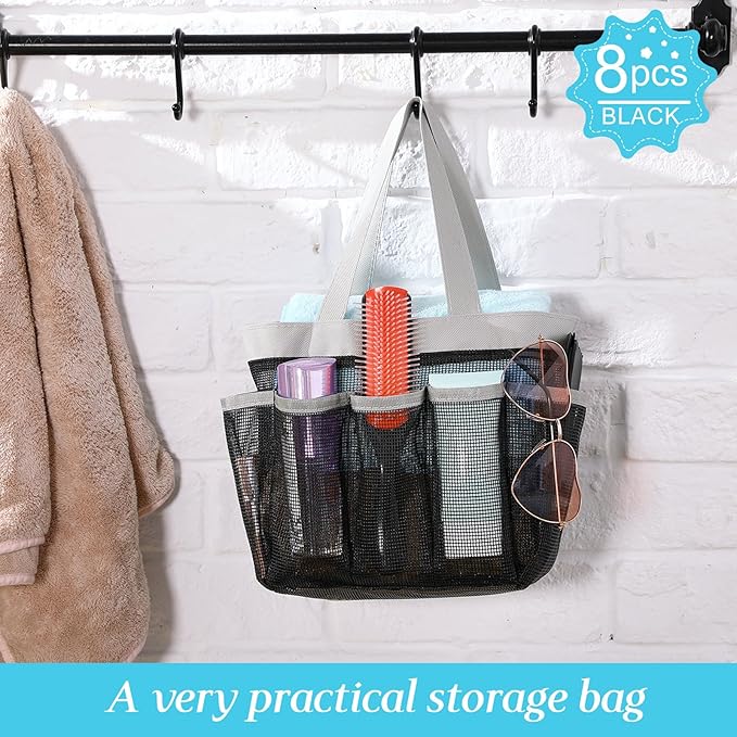 8 Packs Mesh Large Shower Caddy Portable with 8 Pockets and Handles Quick Dry Shower Bags Hanging Bath Bag Dorm Room College Essentials for Bathroom Gym Camp (Grey)